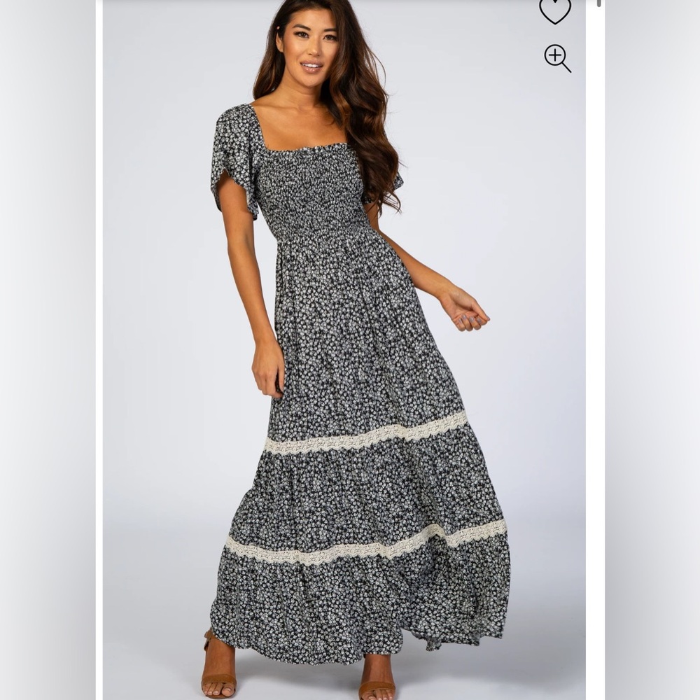 Floral Black Maxi Dress square neck marked front lace trim